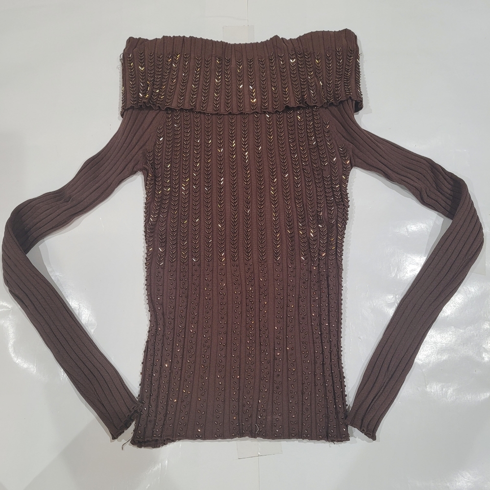 vintage beaded cache brown off the shoulder top with gold shimmery studs